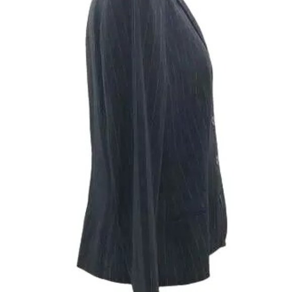 Ralph Lauren Black Pinstripe Wool Blazer Leather Collar Size 12 Made in U.S.A. - Picture 3 of 11